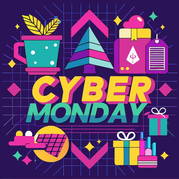 Ilustración geométrica colorida del Cyber Lunes con regalos un árbol de Navidad y una taza de café
