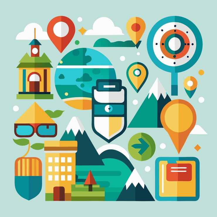Vector ilustración geométrica colorida con varios iconos como edificios montañas tierra y brújula