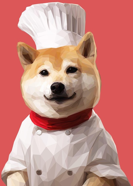 Ilustración geométrica de un perro Shiba Inu con uniforme de chef