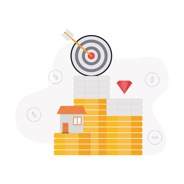 Ilustración de gestión de activos de pilas de monedas en las que un rubí de la casa apunta con una flecha que golpea un objetivo contra el fondo de signos de dólar