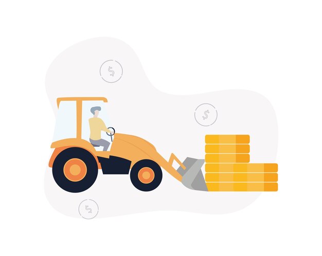 Ilustración de gestión de activos, un tractor impulsado por un hombre con un balde lleva monedas, los signos de dólar están en el fondo