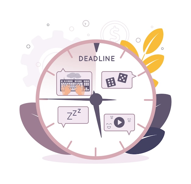 Ilustración de la gestión del tiempo Ilustración de la falta de tiempo Ilustración de la fecha límite Ilustración con un reloj dados un icono de sueño un icono de video un teclado