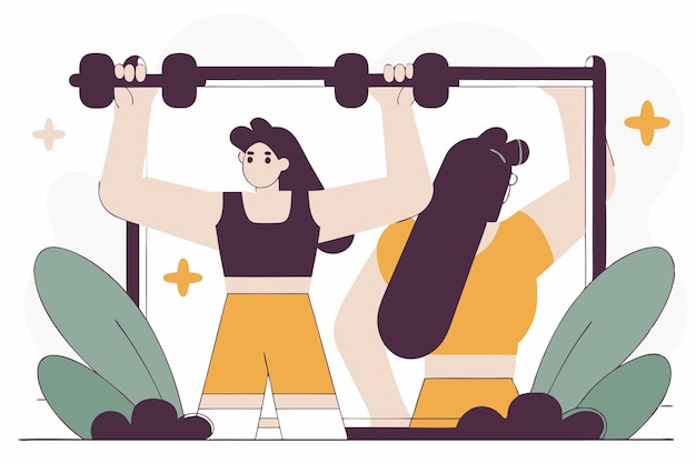 Ilustración del gimnasio de chicas comprometidas en fondo blanco