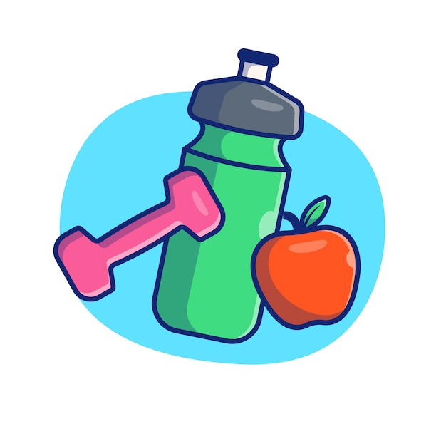 Ilustración de gimnasio y fitness. botella de agua, mancuernas y manzana. concepto de gimnasio blanco aislado