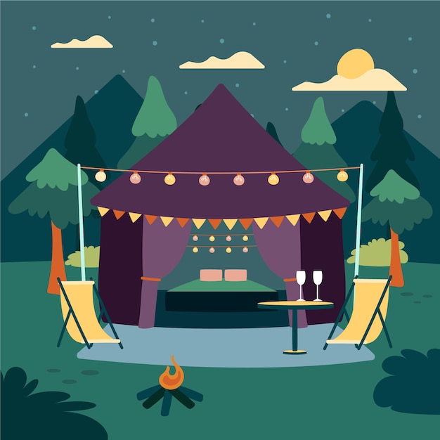 Ilustración de glamping de diseño plano dibujado a mano