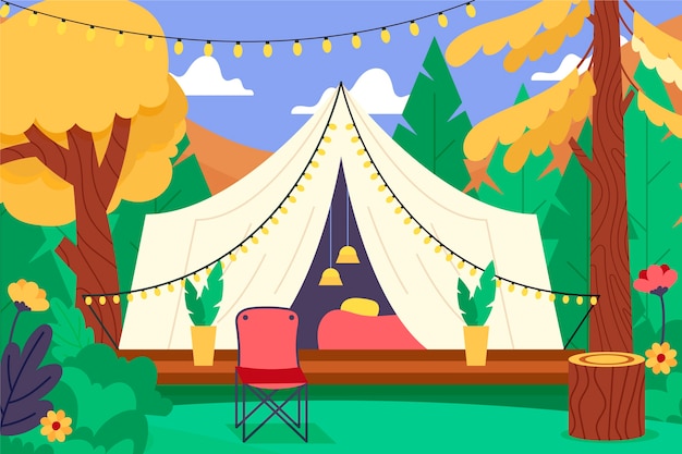 Ilustración de glamping de diseño plano dibujado a mano