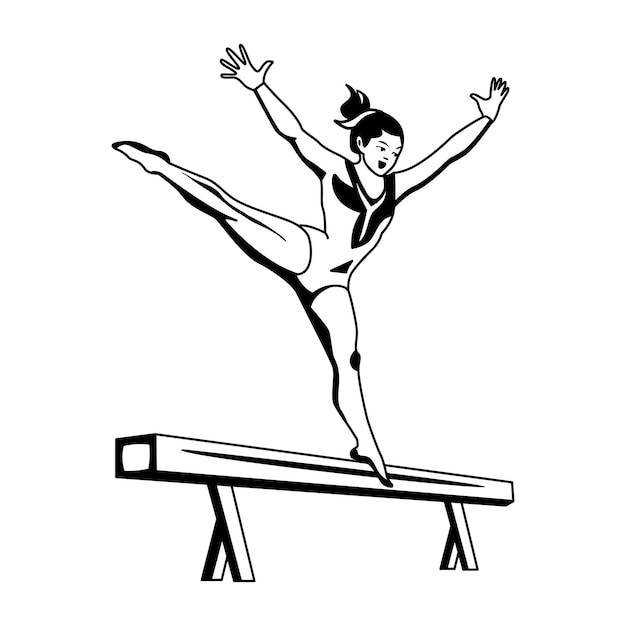 Una ilustración glifica de una gimnasta equilibrándose en un tronco de madera