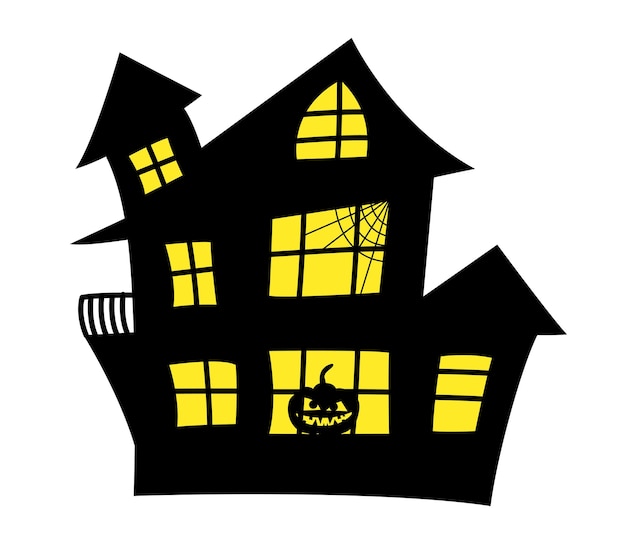 Vector ilustración de glifo de casa embrujada vectorial para halloween casa de halloween negra y maravillosa con luz amarilla en las ventanas