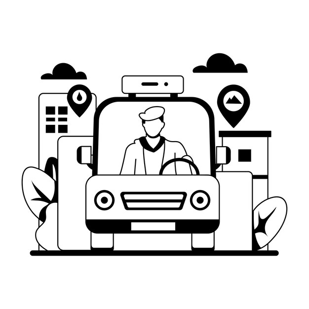 Una ilustración de glifo de un conductor de entrega en un coche que conduce hacia un alfiler de ubicación