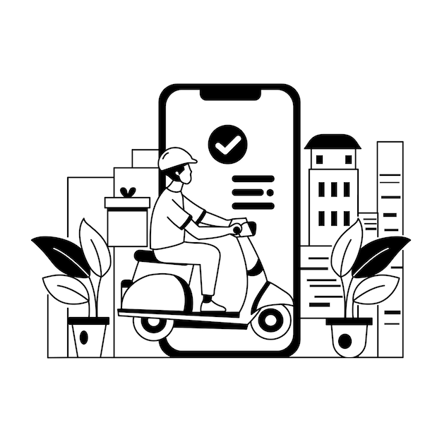 Una ilustración de glifo de un conductor de entrega en un scooter usando una aplicación de entrega de teléfonos inteligentes