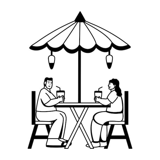 Una ilustración de glifo de dos personajes sentados en un restaurante