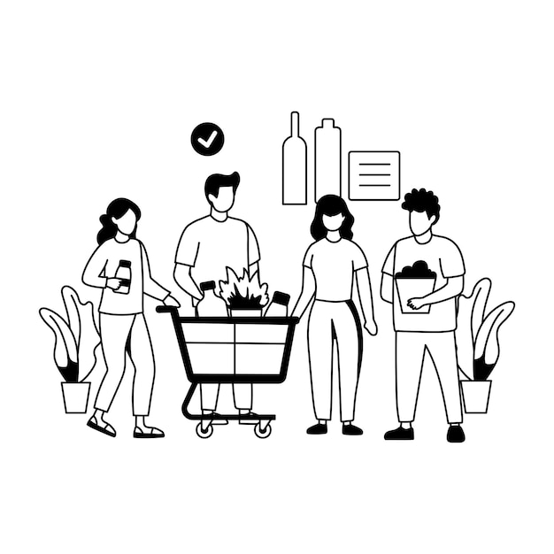 Una ilustración de glifo de una familia comprando juntos en una tienda de comestibles