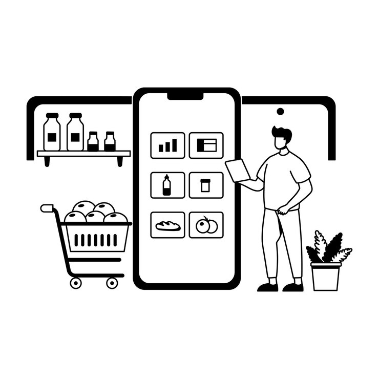 Vector una ilustración de glifo de un hombre usando una aplicación de comestibles para comprar
