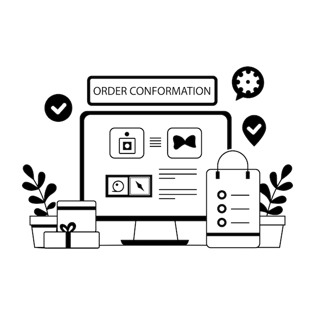 Una ilustración de glifo de una pantalla de computadora que muestra una página de confirmación de pedido