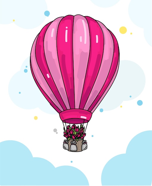 Ilustración de globo aerostático con flores en la cesta.