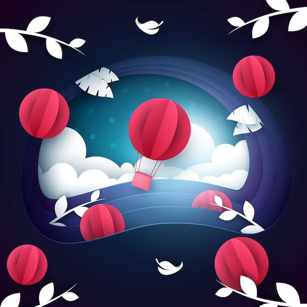 Ilustración del globo de aire. Paisaje nocturno