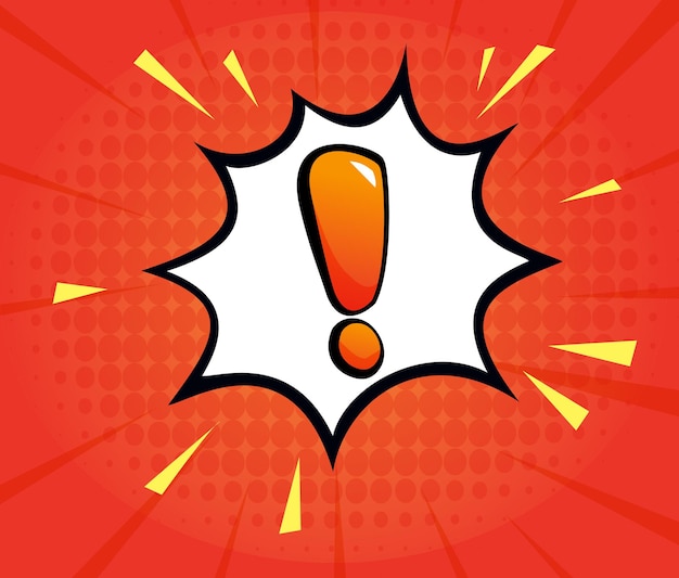 ilustración de un globo cómico con un signo de exclamación naranja y amarillo