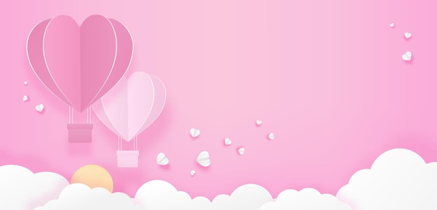 Ilustración de globo de corazones de amor flotando sobre nubes sobre fondo rosa