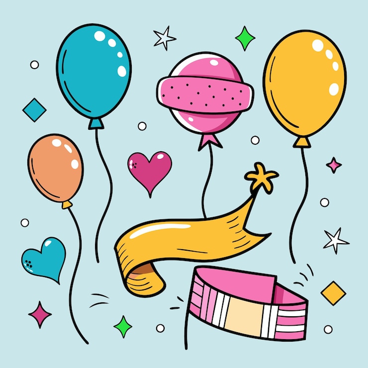 Vector una ilustración de globos coloridos corazones estrellas y una bandera en un fondo azul claro