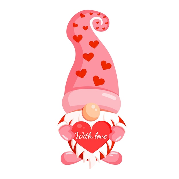 Ilustración de un gnomo romántico con un corazón rojo en sus manos el día de san valentín