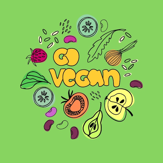 Ilustración de go vegan concepto de veganismo letras a mano e imágenes dibujadas a mano de alimentos veganos se puede usar para la página de aterrizaje de aplicaciones móviles web, póster de redes sociales, banner, volante, elemento de diseño aislado