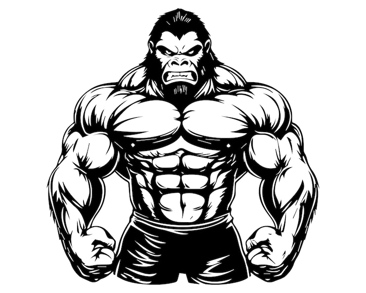 Ilustración de un gorila musculoso feroz en blanco y negro con pantalones cortos