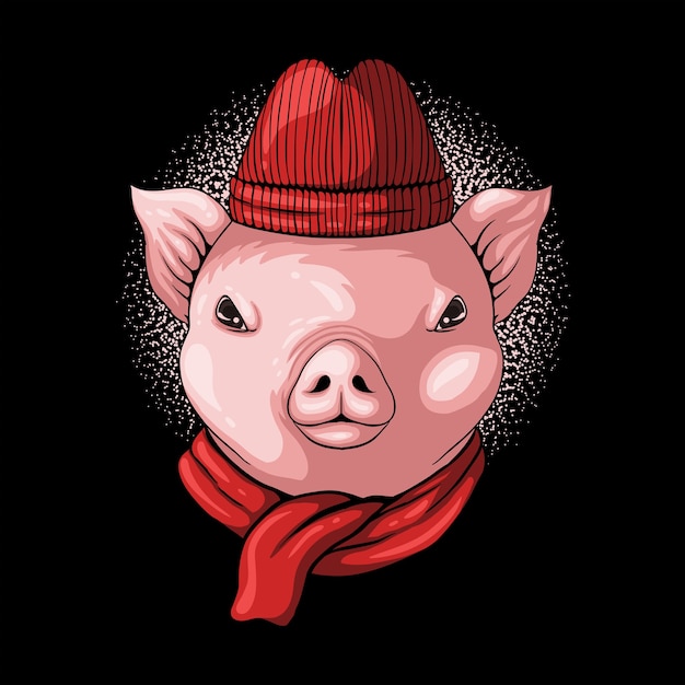 Vector ilustración de gorro y bufanda de cabeza de cerdo