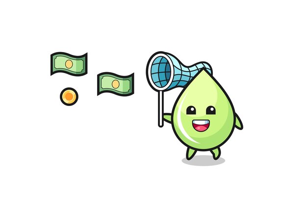 Ilustración de la gota de jugo de melón atrapando dinero volador, diseño lindo