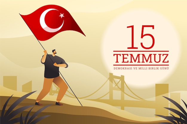 Ilustración de gradiente 15 temmuz con persona que sostiene la bandera