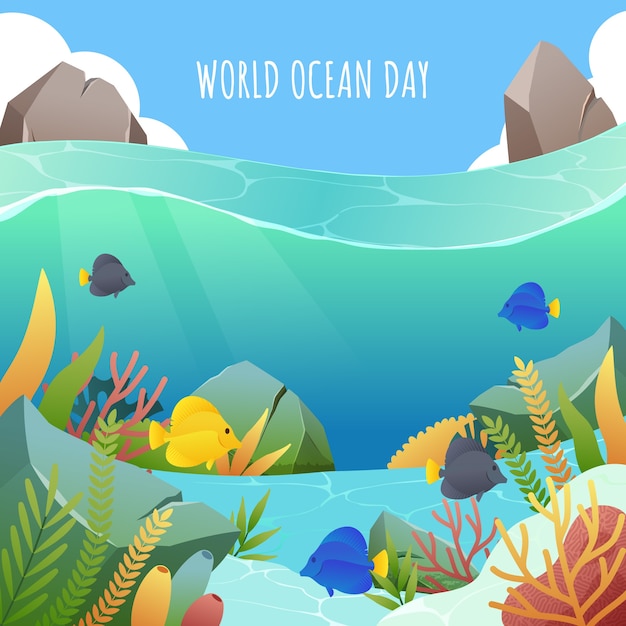 Vector ilustración de gradiente del día mundial de los océanos con peces