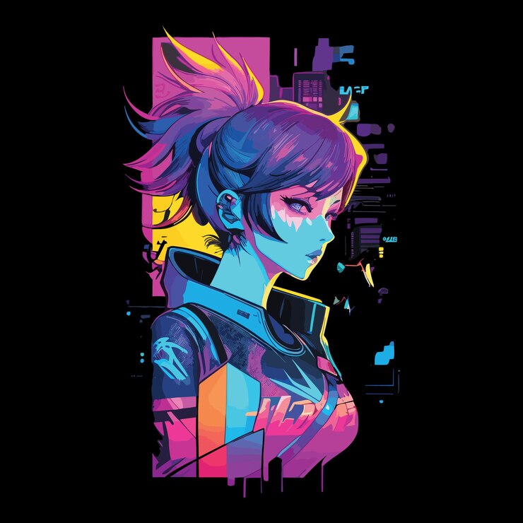 Ilustración de graffiti colorido de una chica cyberpunk