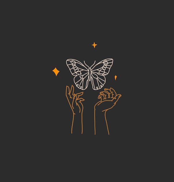 Ilustración gráfica abstracta con elemento de logotipo, arte mágico bohemio de mariposas y estrellas