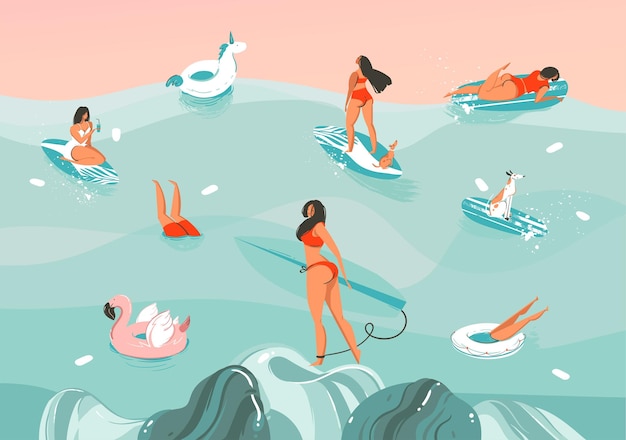 Ilustración gráfica abstracta de stock vectorial dibujado a mano con un divertido grupo de personas familiares para tomar el sol en el paisaje de las olas del océano, nadar y surfear aislado en el fondo de color