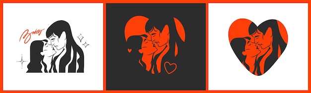 Ilustración gráfica abstracta de vector dibujado a mano plantilla de tarjetas de día de san valentín dibujo retrato de pareja besándose en silueta de corazón pareja de amor besándose juntos concepto de diseño hermoso de san valentín