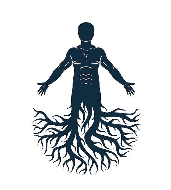 Ilustración gráfica artística vectorial del ser humano musculoso. Raíces fuertes como símbolo del crecimiento y desarrollo de la personalidad.