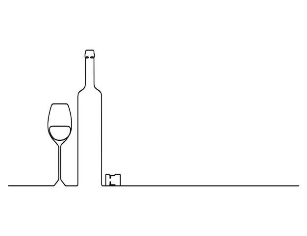 Ilustración gráfica continua de una línea de botella de vino y icono de vidrio