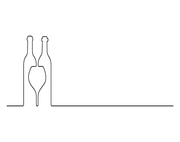 Ilustración gráfica continua de una línea de botella de vino y icono de vidrio