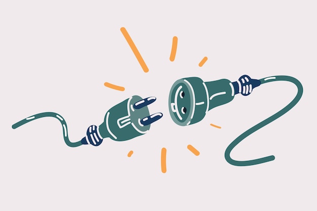 Ilustración gráfica de enchufe eléctrico con un enchufe Concepto de conexión y desconexión Concepto de conexión de error 404 Enchufe eléctrico y enchufe de salida desconectado Cable de energía desconectado