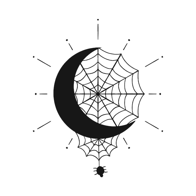 Ilustración gráfica halloween line art telaraña y araña en la luna