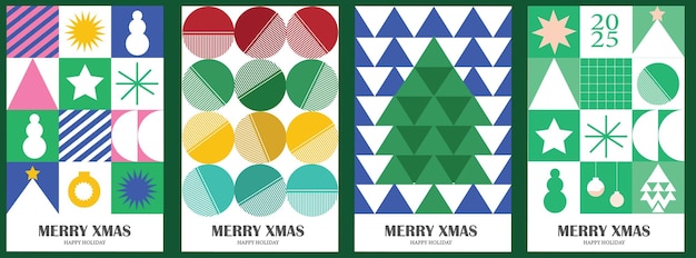 Ilustración gráfica moderna de Navidad Colección colorido diseño retro bauhaus con formas de Navidad