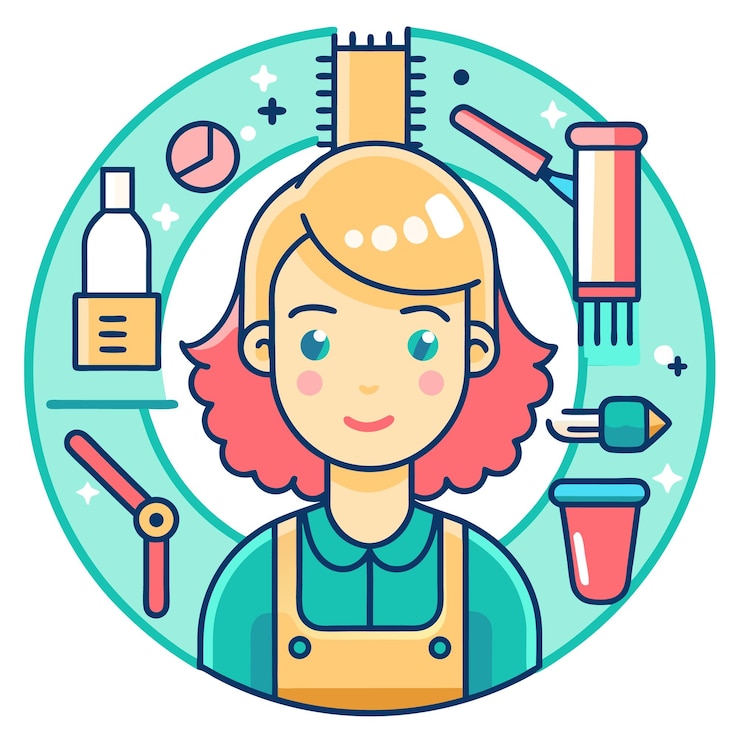Vector una ilustración gráfica de una persona con herramientas y productos de peluquería