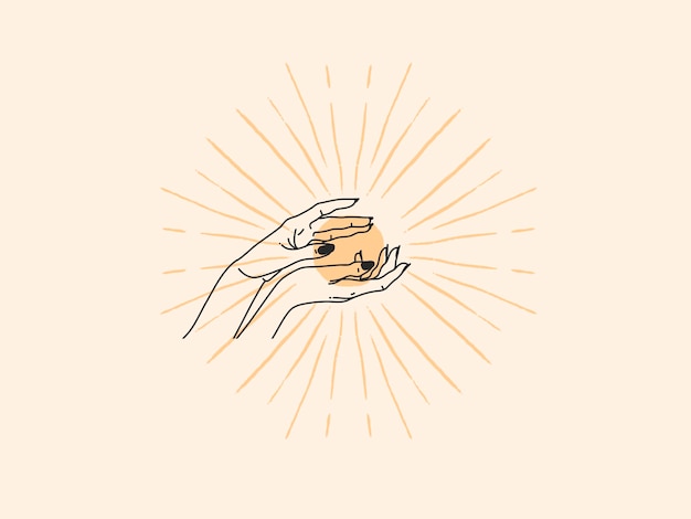 Ilustración gráfica plana de stock abstracto vectorial dibujado a mano con elemento de logotipo, arte de línea mágica de sol dorado, mano femenina y rayos solares dorados en un estilo simple para la marca, aislado en fondo de color