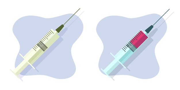 Vector ilustración gráfica plana del vector del icono de la aguja de la jeringa para inyección, hipodérmica médica con imagen de clip de sangre, dosis de vacuna