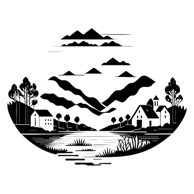 Ilustración gráfica del río del pueblo dibujo a mano.