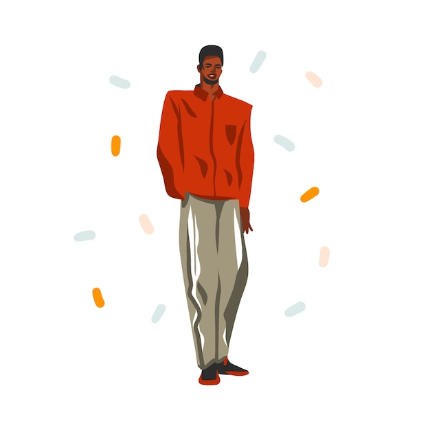 Ilustración gráfica de stock abstracta dibujada a mano con joven negro feliz belleza afroamericana, en traje de moda aislado sobre fondo blanco.