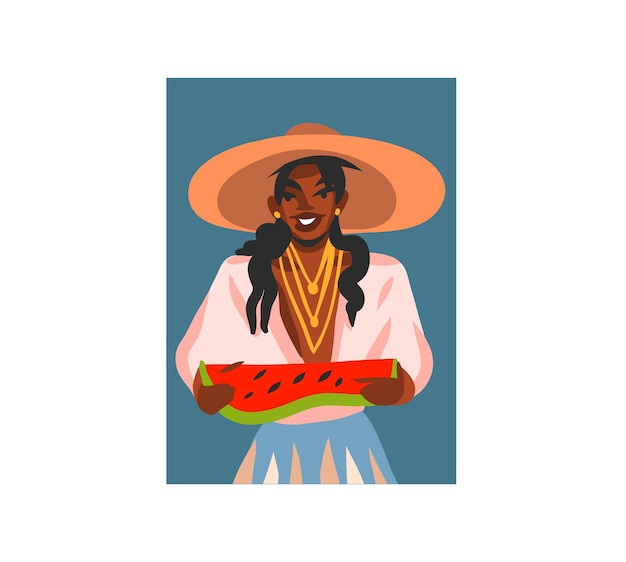 Vector ilustración gráfica de stock abstracta de vector dibujado a mano con jóvenes felices, en traje de verano, avatar de personaje femenino de belleza afro americana negra bohemia para redes sociales aisladas sobre fondo blanco