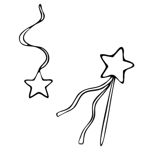 Vector ilustración gráfica. varita mágica con estrella y cinta, silueta, símbolo, líneas negras en la espalda blanca