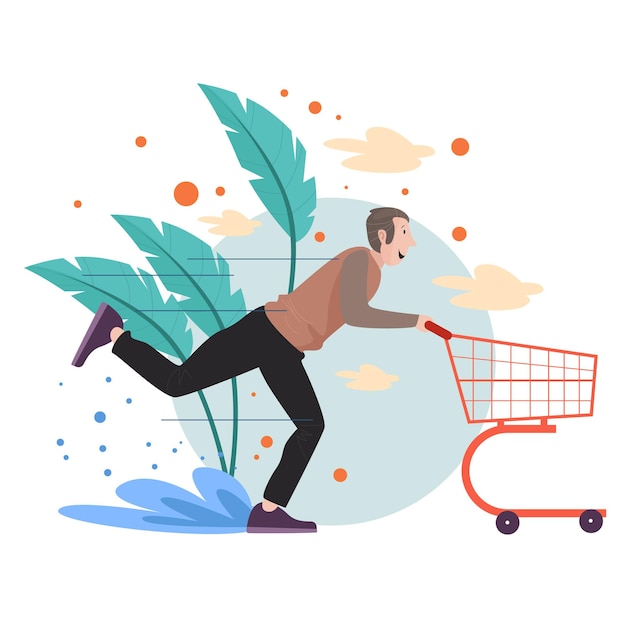 Ilustración gráfica de vector de un hombre guapo feliz yendo de compras con diseño plano de carrito de compras