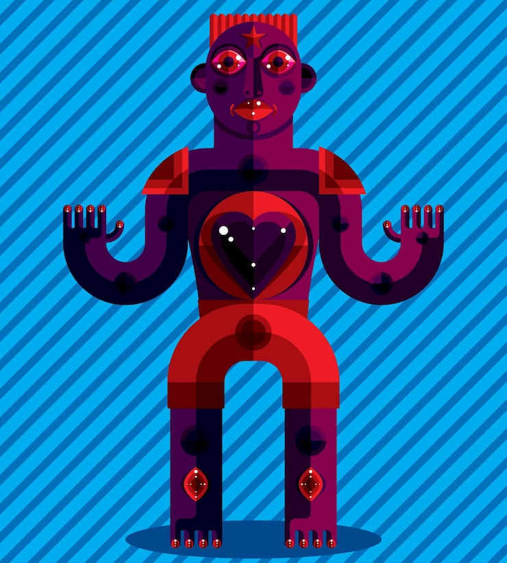 Vector ilustración gráfica de vector de tema de cubismo, símbolo modernista. personaje de dibujos geométricos, criatura mítica o chamán. dibujo colorido del ídolo pagano. tema de meditación y relajación.