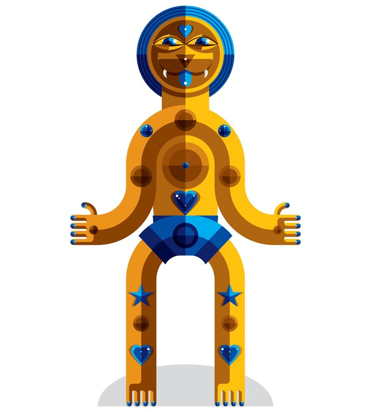 Vector ilustración gráfica de vector de tema de cubismo, símbolo modernista. personaje de dibujos geométricos, criatura mítica o chamán. dibujo colorido del ídolo pagano.